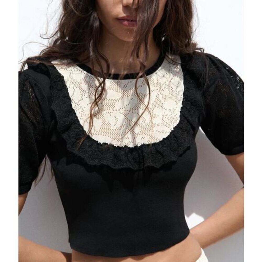 Zara Black Pointelle Knit Top Ecru Lace Trim Short Sleeve Crop Small